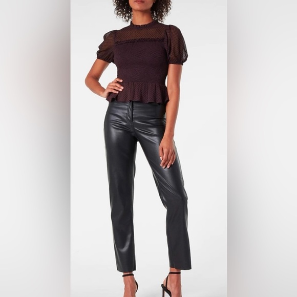 Express Polka Dot Smocked Peplum Top in Dark Purple - Picture 3 of 11